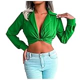 Damen Elegant Chiffonbluse Mode einfarbig Langarm Tunika sexy V-Ausschnitt Crop Top Retro bauchfrei Oberteil Sommer Y2K Chiffon Bluse Freizeit T-Shirt Vintage Einfarbig Lang