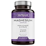 Magnesium und Vitamin B5, B6 und C | Magnesiumbisglycinat und Magnesiumcitrat 100% Bioverfügbarkeit | 120 Kapseln , 108g | N