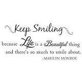 MOVANKRO Wandaufkleber, Zitat 'Keep Smiling Because Life is a Beautiful Thing' – Marilyn Monroe Zitate Kunst Buchstaben, Vinyl, für Wohnzimmer, Dekoration, inspirierende Schablone berühmtes M