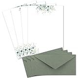 50 Briefbogen-Sets DIN A4 - Naturpapier in Creme mit Eukalyptus-Zweigen - mit Briefumschlägen DIN Lang in Eukalyptus-Grün Briefpapier bedruckbar ideal für Hochzeitseinladung