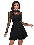 DIDK Damen Spitzenkleid Elegant Minikleid Elegant A Linie Partykleid Hohe Taille Netz Kleid Festliches Kleid Einfarbig Faltenkleid Sexy Shortkleid Schwarz#1 L