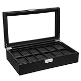 SONGMICS Uhrenbox mit 12 FÄchern, großer Uhrenkasten mit Glasdeckel, mit PU-Bezug, Samt-Innenfutter, Metallverschluss, tolles Geschenk fÜr die Liebsten, 36,2 x 9 x 21,3 cm, schwarz, JWB302H