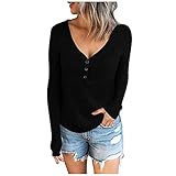 Damen Kintted Langarm-T-Shirts Solide Farbe gerippt V-Ausschnitt Casual Tops Slim Fit Plus Size Winter Basic B