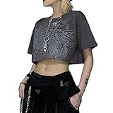 FUZUAA Damen Y2K Nette Grafik Bedeutendes Crop Top T-Shirt Patchwork Sommer Kurzarm T-Shirts Tops E-Girl Streetwear (Color : Gray, Size : S)