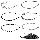 6 Stück Metall Haarreif Herren, Schwarz Haarreifen Unisex Wave Haarband Spring Haarbänder Multi-Style Stirnband Zubehör für Outdoor Sports Yoga mit Gummib