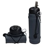 elasto Faltbare Trinkflasche mit Karabiner 700ml Auslaufsicher aus Silikon - Made in Germany - (Grau) Platzsparende Sportflasche zum Drück