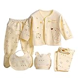 PPangUDing Babykleidung Neugeborene Baby Jungen Mädchen Kleidung Set, Langarm Cartoon Drucken Tops + 2pc Lange Hosen + Hüte + Lätzchen 5-Teiliges Kinder Unisex Kleidungs Set (0-3M,Gelb)