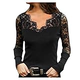 Damen V-Ausschnitt Langarmshirt Elegant Spitze Oberteile Frauen Elegant Langarm Pullover Sweatshirt Slim Fit Tuniken Vintage Spitze Patchwork Tops Frühling Herbst Bequem Langarm T-S