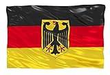 Aricona Deutschland Flagge mit Adler 90x150 cm, EM/WM Fahne aus Stoff mit doppelt umsäumten Fahnenrand, 2 Messing-Ösen zum Hissen, für Fahnenmast, Deutsche Nationalflagg