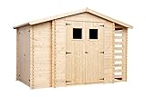 TIMBELA Holzhaus Gartenhaus mit Brennholzschuppen M389+M389G - mit Boden Imprägnierte B328xL206xH218 cm/ 3,53 + 0,97 + 0,97 m2 Lagerschuppen für Garten - Fahrrad Schuppen - Wasserfestes D