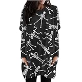 Women's Dress Halloween Skeleton Printed Long Sleeves with Pockets Round Neck Casual Middle Loose Dresses (Black, L)