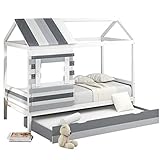 HYTCO Familienbett, Kinderbett Mit Zustellbett Und Dach, Leimholzlatten Und Lattenrost, Kinder- Und Jugendzimmer, Weiß Und Grau (90x200 cm)