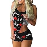 Sexy Dessous Damen für Sex Schlafanzug Pyjama Set Zweiteiler Spitze Unterwäsche Erotik Reizwäsche Babydoll Nachtwäsche Reizvolle Lingerie Liebe Druck Kostüm Sleepwear Kuschelig Neglig