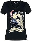 Queen Kerosin Damen Kurzarm T-Shirt Vintage Print We Can Do It V Ausschnitt Slim Fit We Can Do I