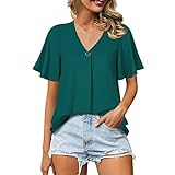 Frauen Solide Rüschen Kurzarm Bluse Elegant Chiffon Shirts Bequem V-Ausschnitt Kurzarm Tops Shirts Sommer, grün, Larg