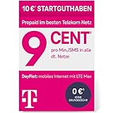 Telekom MagentaMobil Prepaid Basic SIM-Karte ohne Vertragsbindung I 9 Ct pro Min und SMS in alle dt. Netze, EU-Roaming I Dayflat für Highspeed-Surfen mit LTE Max (1,49 EUR/24h) 10 EUR Startguthab