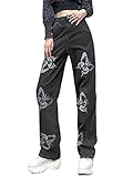 WUOOYOQ Damen High Waist Weites Bein Jeans Casual Lose Gerade Jeans Schmetterling Gedruckt Baggy Hose Loch Denim Hosen Gr. S, g