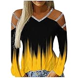 KIMODO Langarm T-Shirt Schulterfrei V-Ausschnitt Tops Damen Oberteile Casual Lässiges Sweatshirt mit Bedrucktes Langärmliger Pullover Tunika Bluse Mode (E-Gelb, XXL)