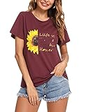 Irevial Damen Sommer Kurzarm, Damen Lässig T-Shirt Pusteblume Druck T-Shirt Lose Rundhals Frauen Einfarbig Casual Brief Bedruckt Basic Oberteile Elegant Top Weinrot-XL