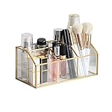 Kosmetik Organizer Gold, HARLIANGXY, Schminkpinsel Aufbewahrung, Make up Organizer, 5 Fächer Vintage Pinselhater aus Metall und Glas, Makeup Organiser, Kosmetikpinsel Aufbewahrung, Beauty Org