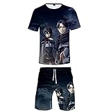 ZOSUO Herren Attack on Titan Sommer Shorts Und Top Sets Kurzarm T-Shirt Kurz Hose Cosplay Eren Jaeger Set Herren Damen Schnell Trocknend Laufendes T-Shirt Jersey Suit,Schwarz,XXXXL