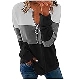 Wintermäntel für Damen, lässig, Reißverschluss, Rundhalsausschnitt, Nähte, dreifarbig, Bluse, Top, lässig, lockeres T-Shirt, 058-schwarz, 42