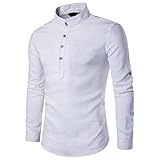 Zarupeng Herren Langarm Shirt, Einfarbig Slim Fit Poloshirt, T-Shirts aus Leinen und Baumwoll, Stehkragen Hemd Oberteile Pullover (M, Weiß)