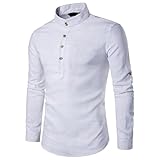 Zarupeng Herren Langarm Shirt, Einfarbig Slim Fit Poloshirt, T-Shirts aus Leinen und Baumwoll, Stehkragen Hemd Oberteile Pullover (XL, Weiß)