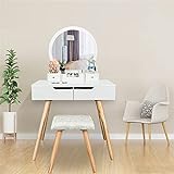 YI0877CHANG Frisierkommode Massivholz-Kommode-Dressing-Tisch mit einzelnen runden Spiegel 4 Schubladen und Hocker, weiß, 80x40x74cm Kosmetiktisch (Color : White)