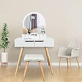 YI0877CHANG Frisierkommode Massivholz-Kommode-Dressing-Tisch mit einzelnen runden Spiegel 4 Schubladen und Hocker, weiß, 80x40x74cm Kosmetiktisch (Color : White)