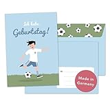 Decento® Einladung Geburtstag Fußball - 8 Karten mit Umschlag für Jungen - Kindergeburtstag Fussball-Party - Einladungskarten für Kinder zum Ausfüllen und B