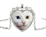 Halskette mit Katzenanhänger, Katze mit 2 verschiedenfarbigen Augen, Katzenhalskette – Geschenk für Katzenliebhab