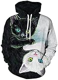 PADOLA Unisex 3D Druck Hoodie Herren Kapuzenpullover Langarm Sweatshirt mit Taschen(Schwarz Weiß Katzen,XXL)