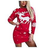 LOPILY Weihnachtskleid mit Norwegermuster Damen Große Größen Weihnachten Jumperkleid mit Rentier Gedruckt Weihnachten Sweatkleider Xmas Minikleid Christmas Hirschmuster Strickkleider (X7-Red, M)