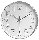 TOKTEKK Wanduhr, geräuschlos, nicht tickend, dekorativ, batteriebetrieben, runde Uhren für Zuhause, Büro, Schule, Wohnzimmer, Schlafzimmer, Küche, 30,5 cm, leicht zu lesen (weiß-silber)