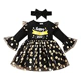 MRULIC Kleinkind MäDchen Prinzessin Kleid Happy New Year 2021 Dot TüLl Kleider Stirnband Outfits Set Bekleidungssets MäDchen Geburtstag Geschenk(Schwarz,12-18 Monate)