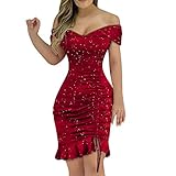 Lomelomme Elegant Schulterfreies Kleid Damen Pailletten Bodycon Cocktailkleid Partykleid Sexy Seitensplit Abendkleid Maxik