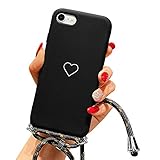 ROSEHUI Handykette Hülle für iPhone 7,iPhone 8,iPhone SE2020 Herz Love Design Silikon Bumper Kordel zum Umhängen Halskette Handyhülle Ultra Dünne Schutzhülle mit Band,Schw