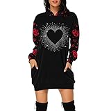 Valentinstag Kleid Damen Liebe Motiv Minikleid Hoodies Sweatshirt Pullover Kleid Valentinstag Muster Langarm Casual Kapuzenpullover Partykleid Frauen Valentinstagsgeschenk Longshirt Tunik