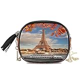 ALARGE Damen Mädchen Schultertasche, Umhängetasche, Eiffelturm, Boot auf seiner Paris, PU-Leder, Schultertasche, Geldbörse mit verstellbarem Metallkette und Q