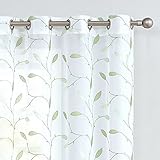 TOPICK Sheer Vorhang Voile Gardine mit Ösen Blätter Stickerei Transparent Ösenschal Gaze Paarig Ösenschals für Wohnzimmer Schlafzimmer Dekor 2er-Set Weiß+Grün 130Bx245H(cm)