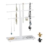 Relaxdays Schmuckständer, 3 Stangen, t-förmig, für Ketten, Ohrringe & Armbänder, mit Ablage, Schmuckhalter Metall, weiß