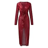 lbert Damen Langarm Abendkleid Pailletten Kleid Tiefer V-Ausschnitt Sexy Ballkleid Party Cocktailkleid Elegante Schlitz Maxikleid Hochzeitskleid Glänzend Partykleid für H