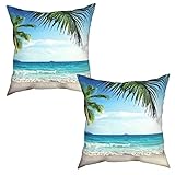 Kissenbezug 40x40 cm, Hawaii Strand mit tropischen Palmen Polyester Kissenbezug 2 Stück Kissenbezüge mit Verstecktem Reißverschluss Dekorative Kissenhü