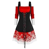 FAJEAL Weihnachten A-Linie Kleid Damen Blumenmuster 1950er Vintage Cocktailkleid Langarm Elegant Camisole Weihnachtskleid Rockabilly Faltenrock Swing Partykleid Abendk