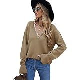LANGWEI Pullover Für Frauen Langärmlige V-Ausschnitt Mode Lose Gestrickte Pullover Jumper Tops Sweatshirts,Braun,XXL