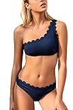 CUPSHE Damen Bikini Set One Shoulder Bandeau Bikinioberteil Wellenkante Strandmode Zweiteiliger Asymmetrischer Badeanzug Blau S