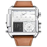 JSDDE Uhren Herren Armbanduhr LCD Digital+Quarz Dual Uhrwerk Echte Lederband Quarzuhr 3ATM Wasserdicht mit Kalender Datum Stoppuhr Fitness Armbanduhr (Braun-Weiß Dial)