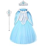 URAQT Mädchen Kostüm ELSA Kleid mit Umhang, Kinder Prinzessin Kleid Cosplay Kostüme, Kinder Verkleidung Party Weihnachten Halloween Fest, Krone Zauberstab Größe 110