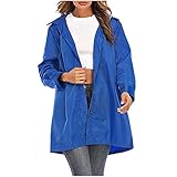 Lange Regenmäntel für Frauen Umlegekragen Knöpfe Winddicht und Wasserdicht Mantel mit Kapuze Regenmantel Regenjacke, blau, 48